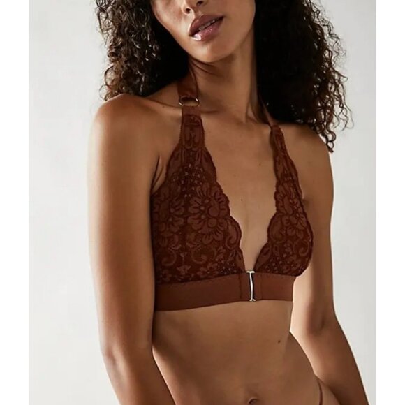 Free People We Are HAH Groupie Bralette Lace Halter Style Sz Medium Womens Brown - Picture 1 of 10